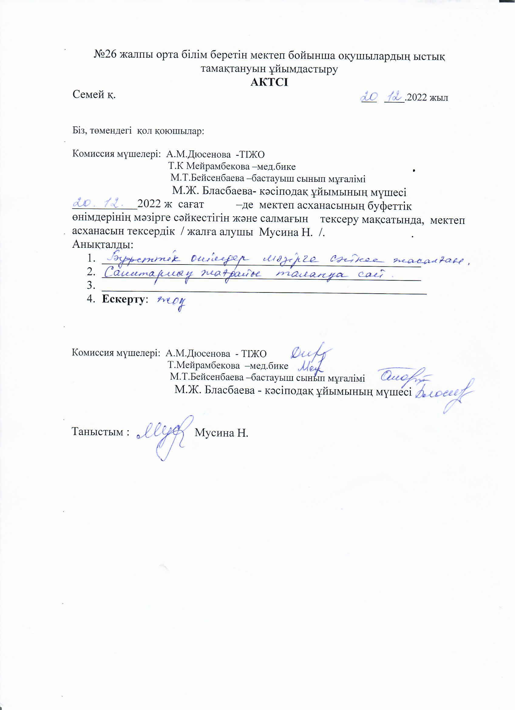 Мектепте тамақтануды ұйымдастыру туралы тексеру актісі