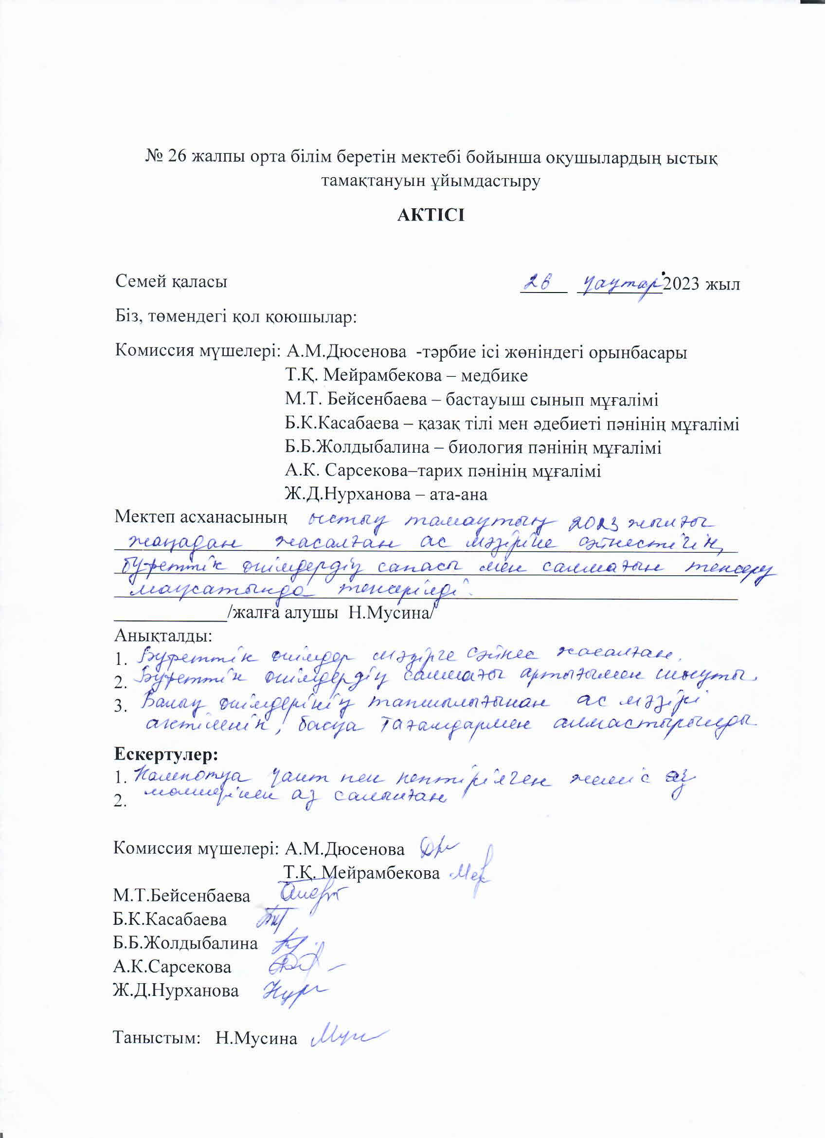 Мектепте тамақтануды ұйымдастыру туралы тексеру актісі