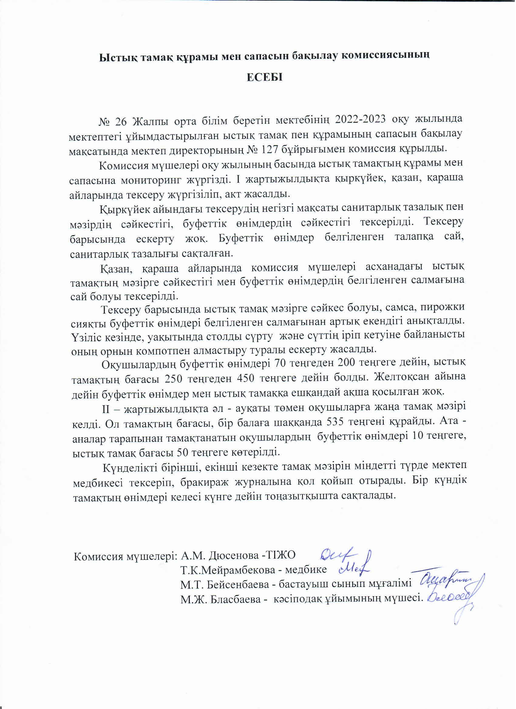 Ыстық тамақ құрамы мен сапасын бақылау комиссиясының есебі
