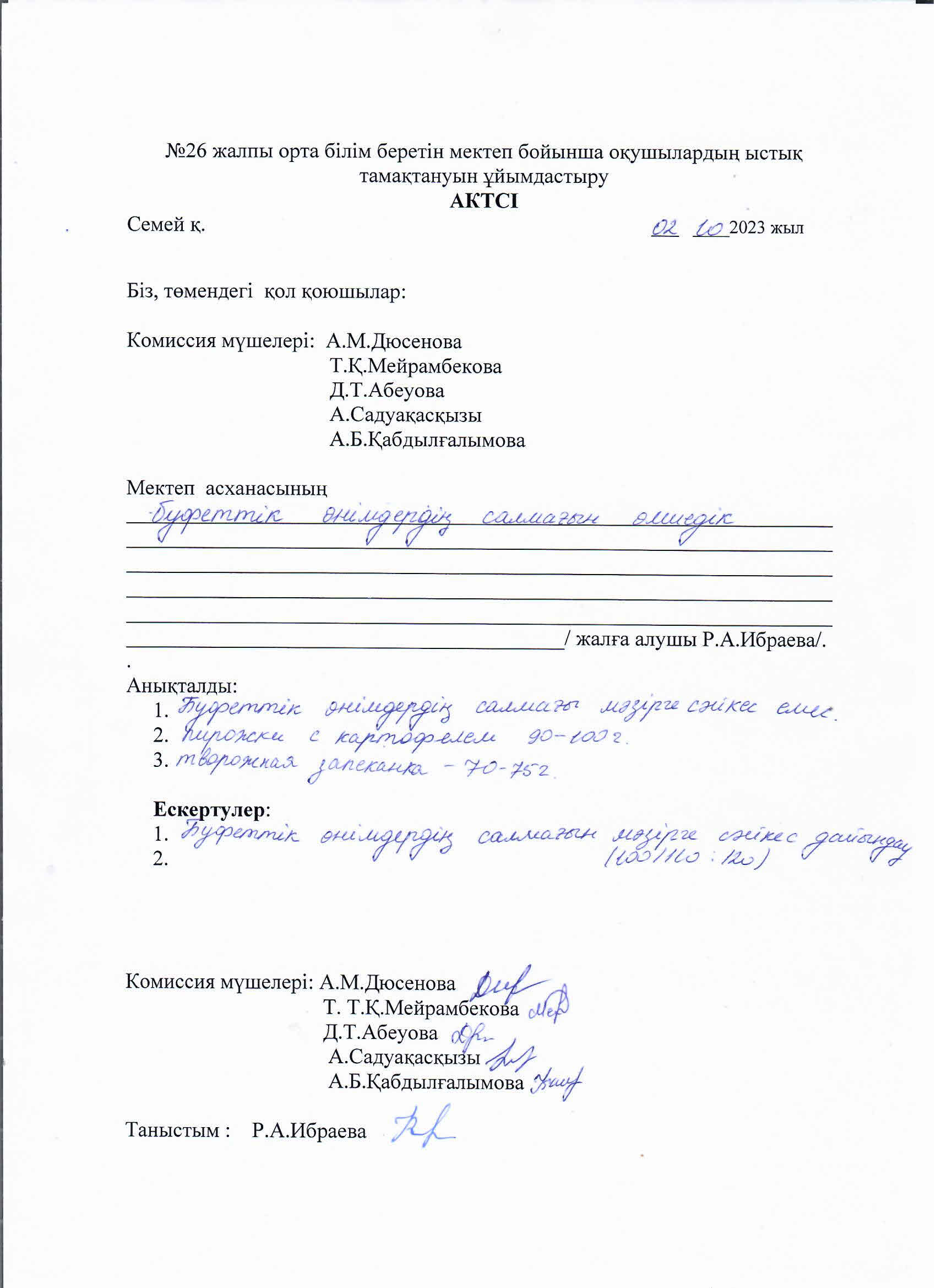Оқушылардың ыстық тамақтануын ұйымдастыру актісі