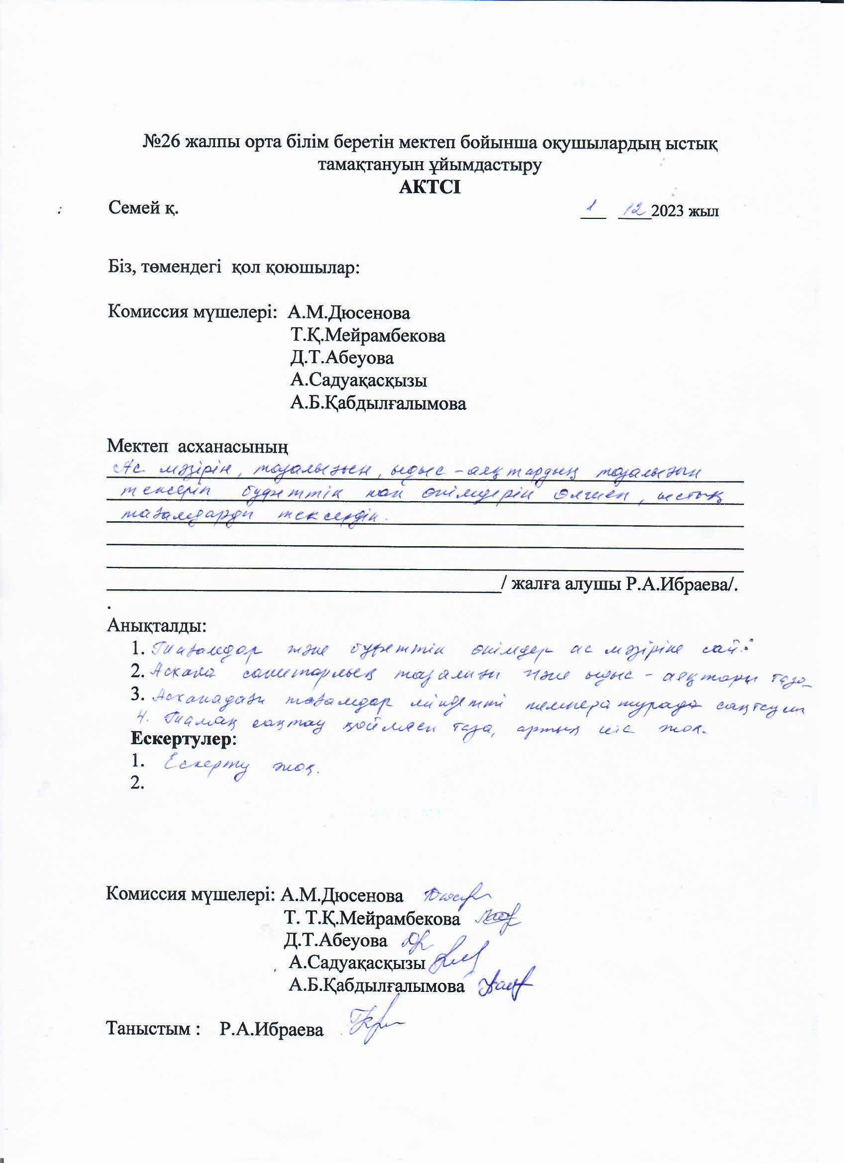 Ыстық тамақтанды ұйымдастыру актісі