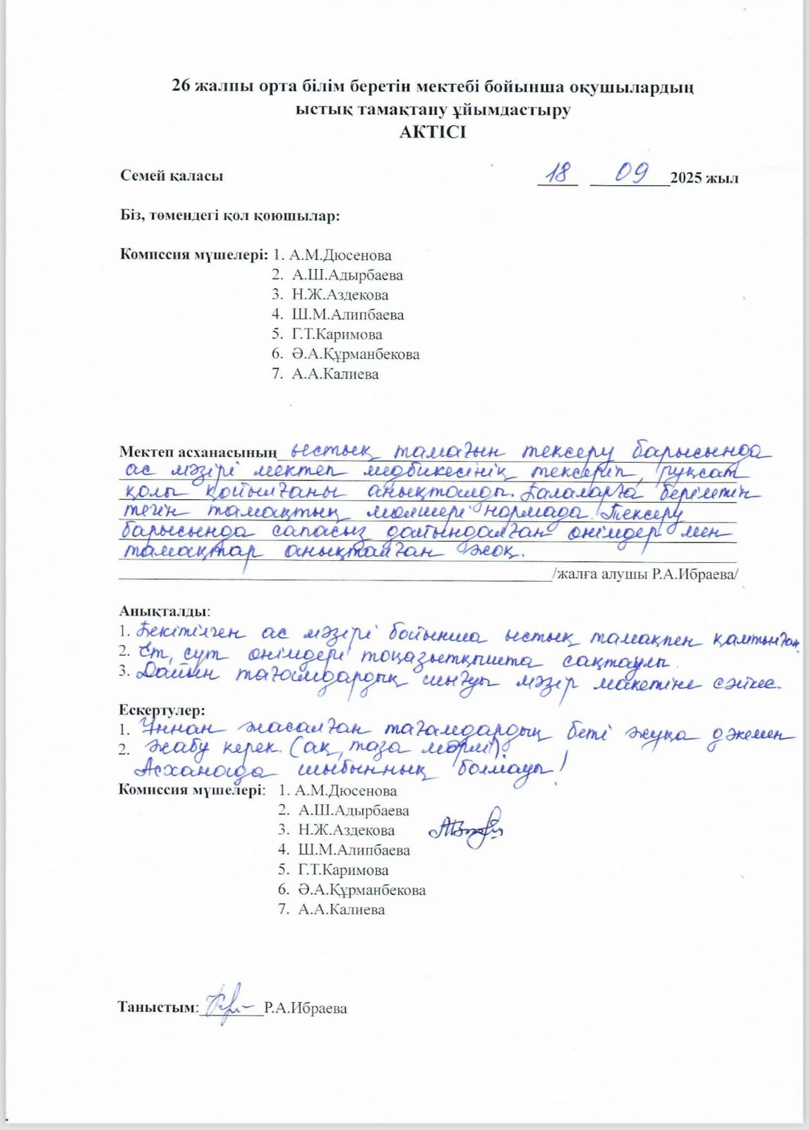 Ыстық тамақ ұйымдастыру актісі, қыркүйек