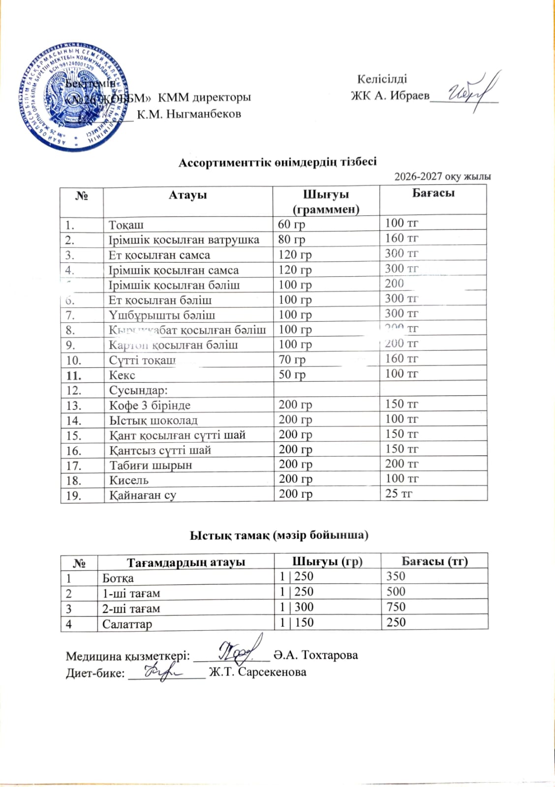 Ассортименттік өнімдердің тізбесі