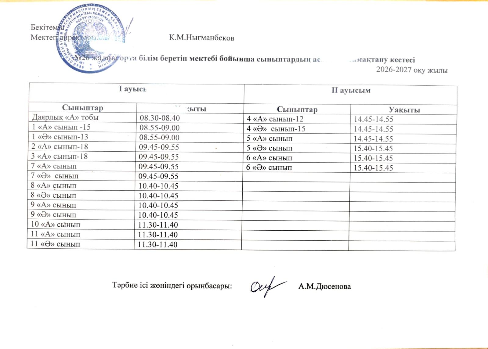 №26 жалпы орта білім беретін мектебі бойынша сыныптардың тамақтану кестесі